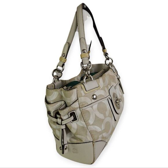 Coach Cream Genuine Leather CC Signature Canvas Shoulder Bag Tote Bag Pusre - Picture 3 of 13